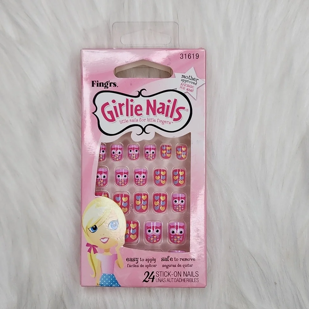 Fing'rs Girlie Nails 24 Stick-On-Nails #31619 Owls & Hearts Design NWT